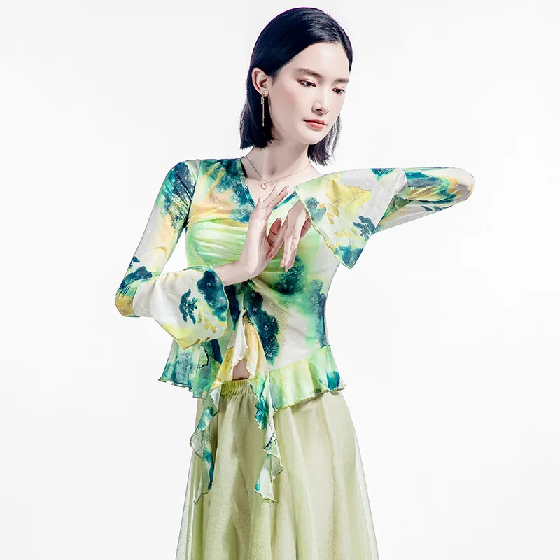 MadBlack-Women's European T-Shirt, Sexy V Neck Print Ruffles, Retro Flying Sleeve Dance Yoga Slim Mesh Tee, 2025 Spring T53823CC