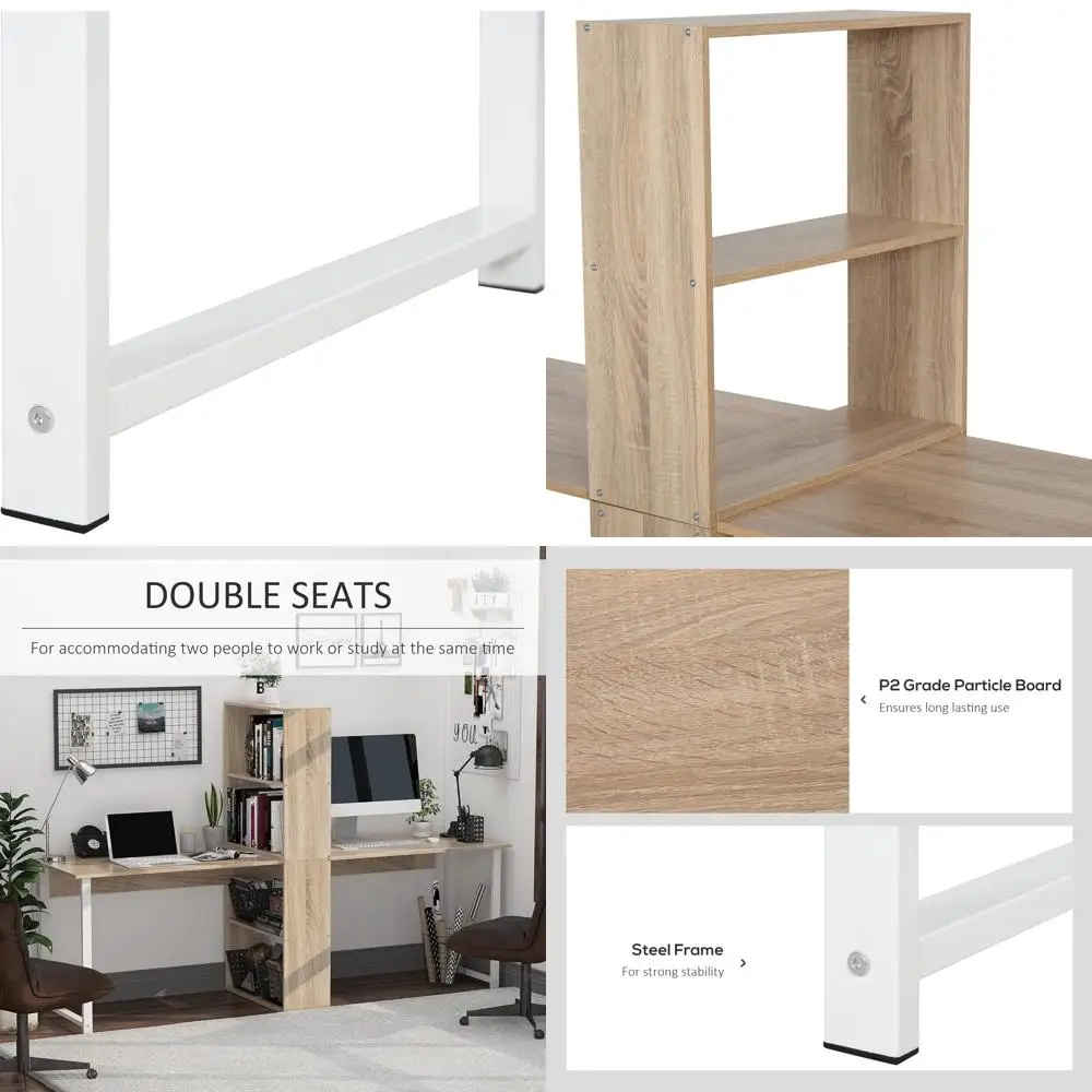 Extra Long 88 Dual-Person Desk with Storage, Home Office Workstation, Natural Wood Study Writing Table