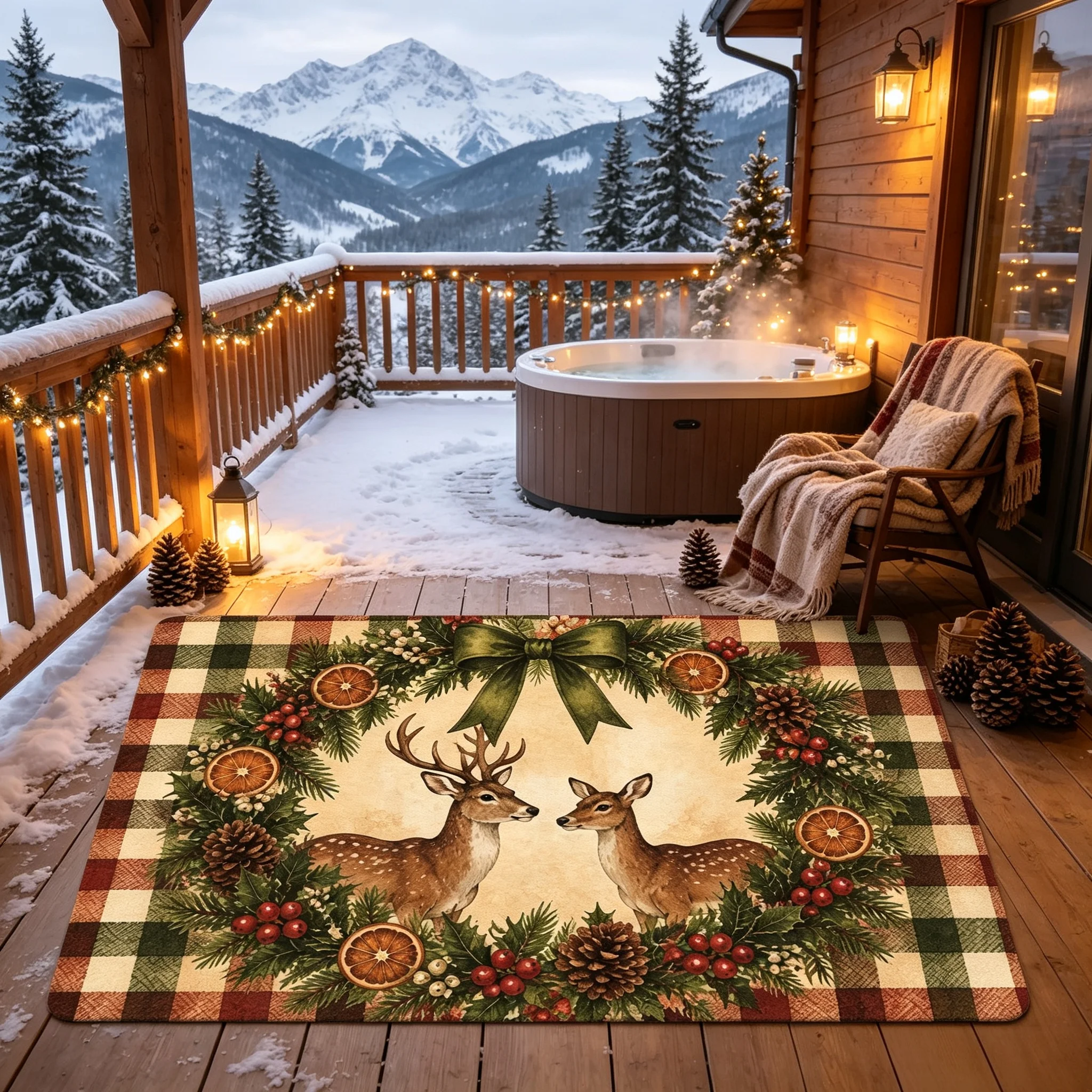 Vintage Pair Deer Christmas Doormat Winter Pine Berry Printed Floor Rug Holiday Decor Carpet for Indoor Entry Porch Decor