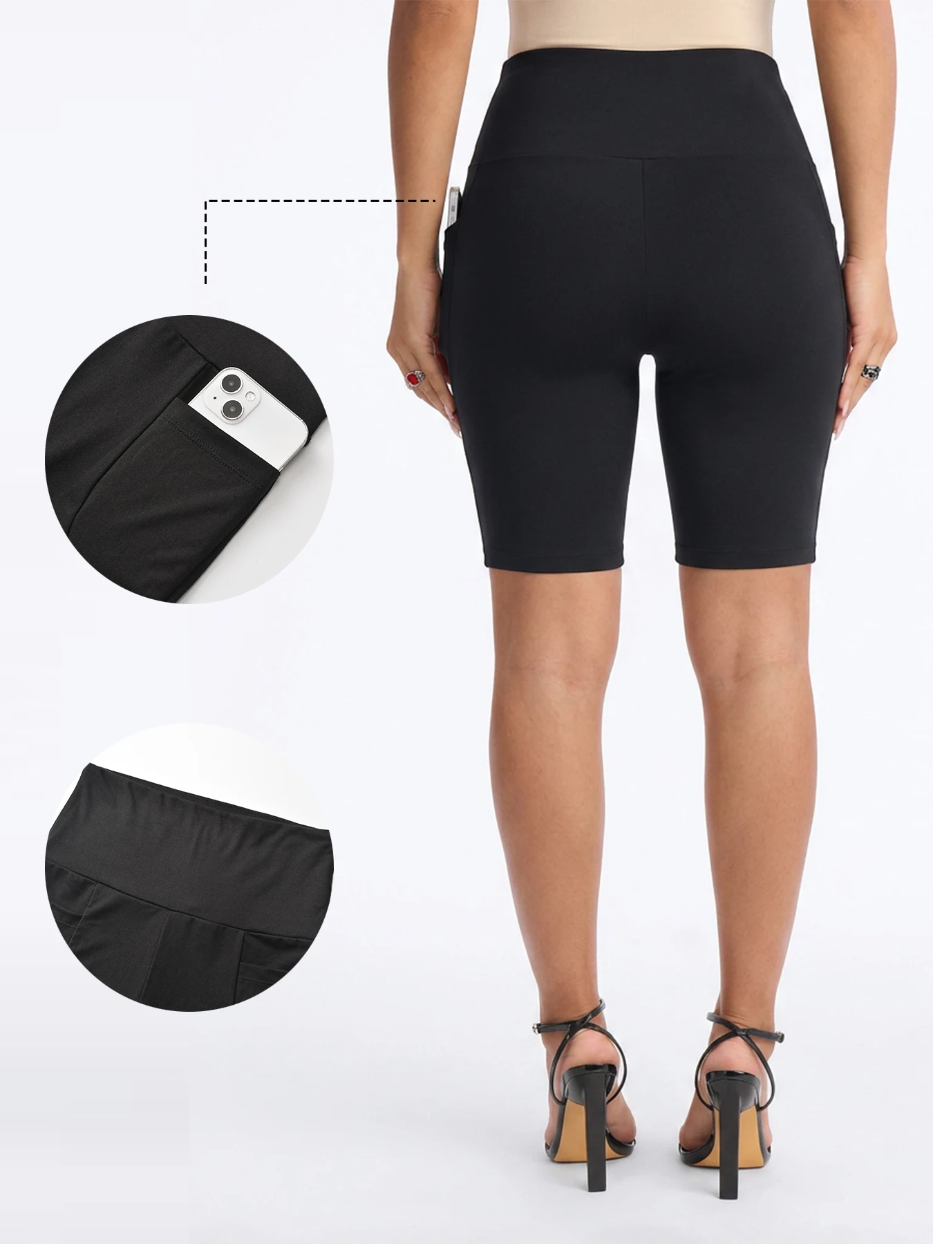 Hoch taillierte Biker-Shorts für Damen mit Taschen, superweiche, bauchkontrollierende Workout-, Lauf-, Yoga- und Sportshorts – Detail 3