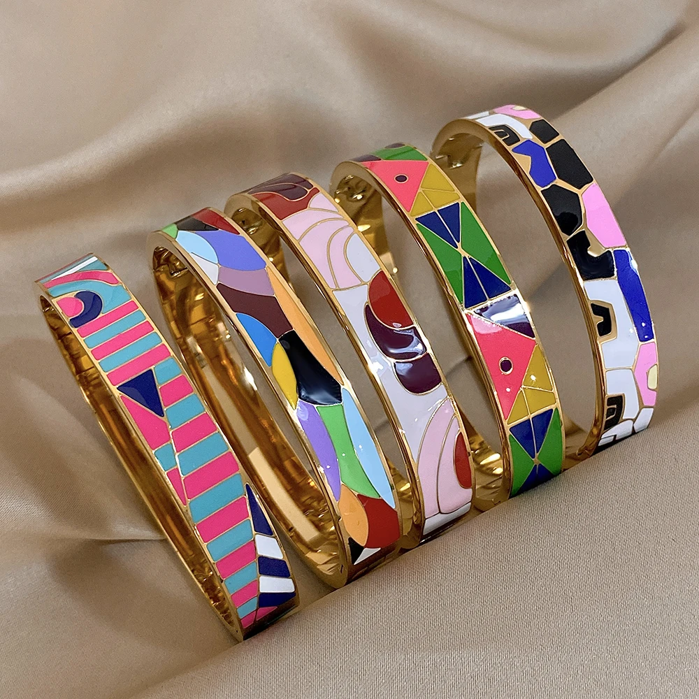 Lifefontier Colorful Graffiti Enamel Stainless Steel Bangle Bracelet For Women Trend Waterproof Couple's Bracelet Jewelry Gifts