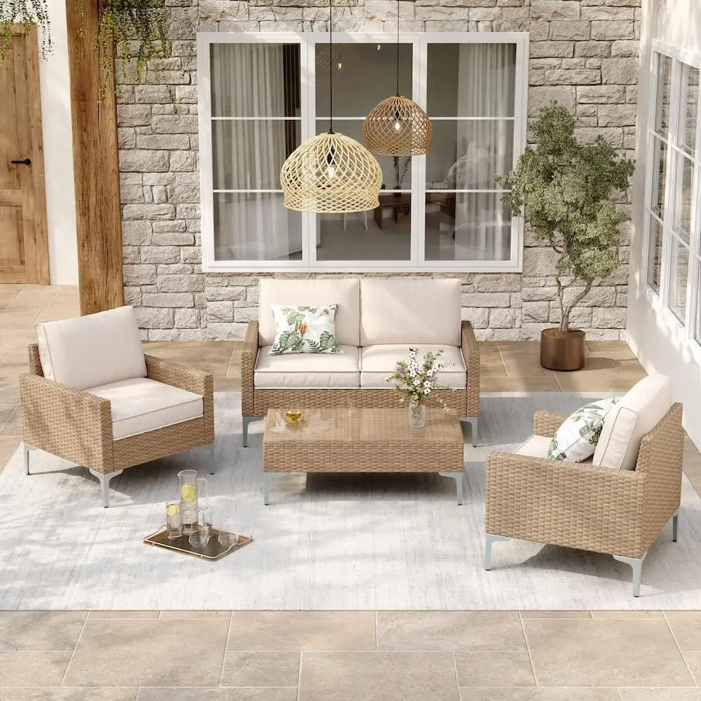 

All-Weather Wicker Patio Sectional Set with Tempered Glass Table and Thick Cushions for Outdoor Garden, Deck, Backyard - Beige