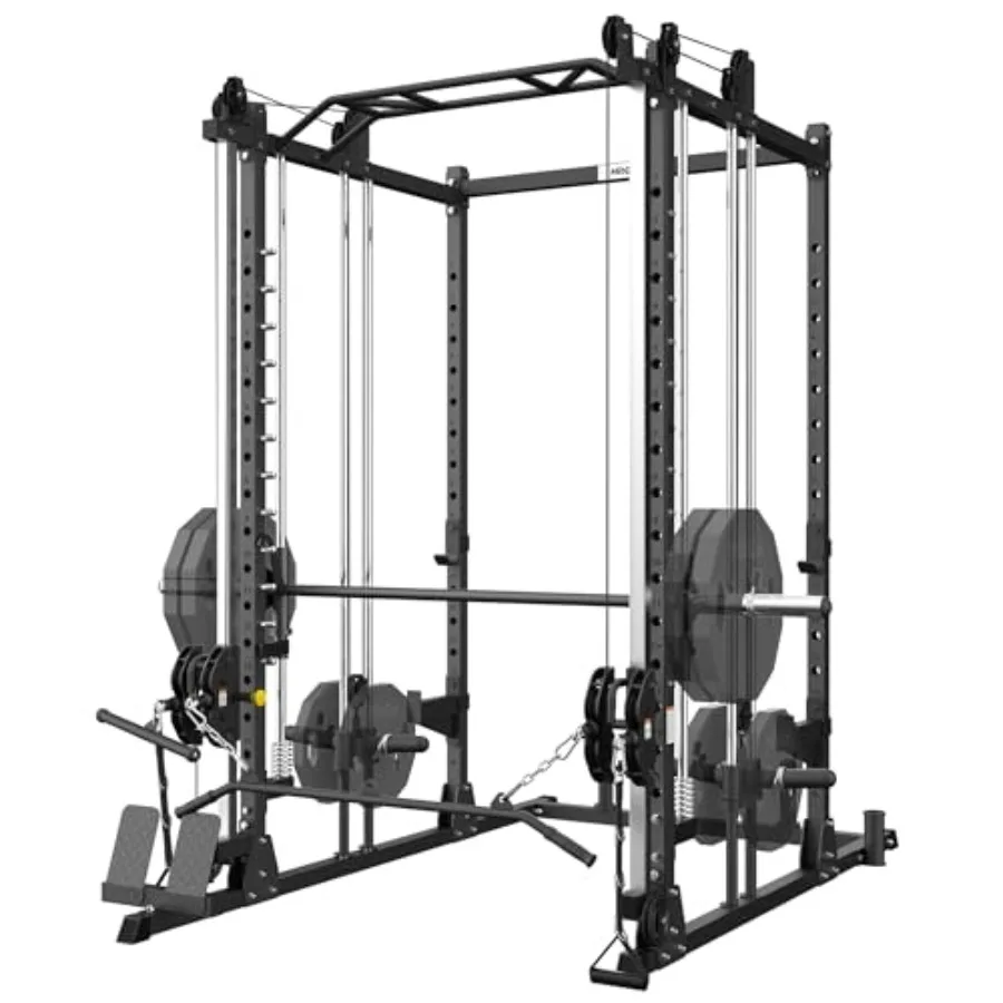 All-in-One Power Rack with Smith Machine and Cable Pulley System Adjustable Squat Rack for Home Gym Strength Training