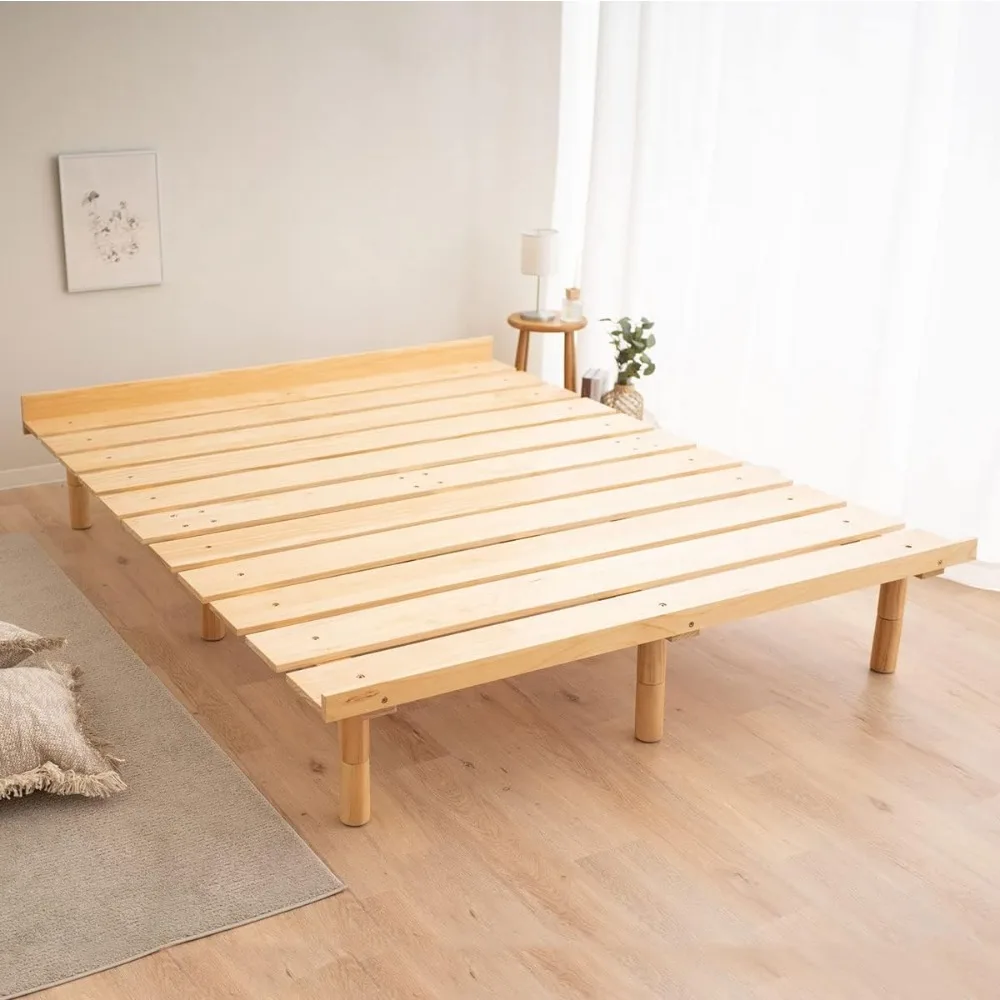 Wood Slatted Floor Bed Frame OSMOS Full for Japanese Futon Mattress Solid Pine (Earth-Natural), Height Adjustable (2/7/12in)