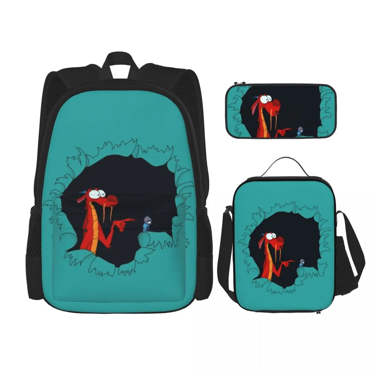 Mushu From Mulan Backpacks Boys Girls Bookbag Students School Bags Cartoon Kids Rucksack Lunch Bag Pen Bag Three-Piece Set