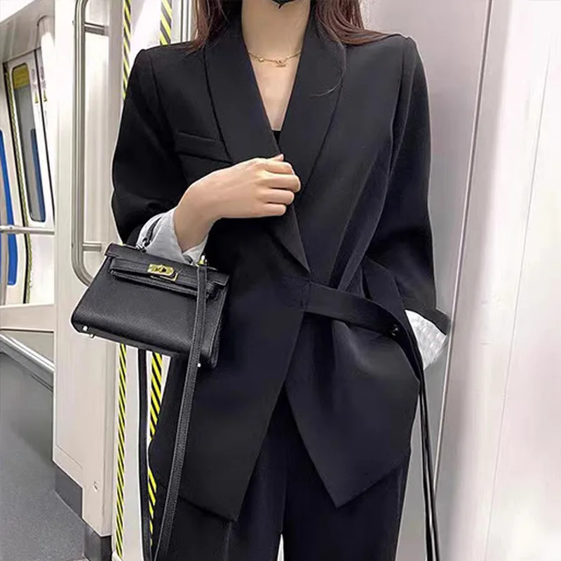 Office Lady Blazer Belt Pant Suits Women\'s Pantsuit Korean Version Notched Baggy Pants Autumn Elegant Euality Chic Women Outfit