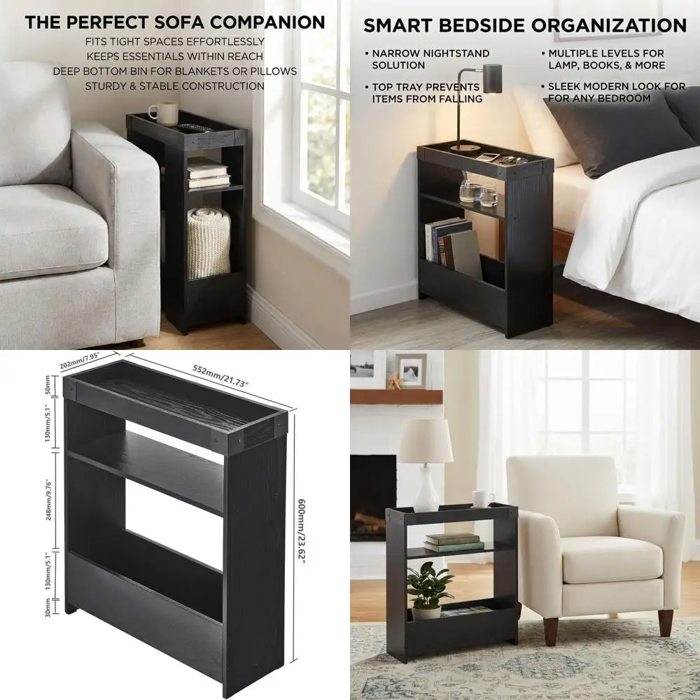 

Узкий приставной столик с подставкой для журналов, высотой 24 дюйма, для дивана, с полкой для хранения, тонкий приставной столик для небольших помещений, современный дизайн