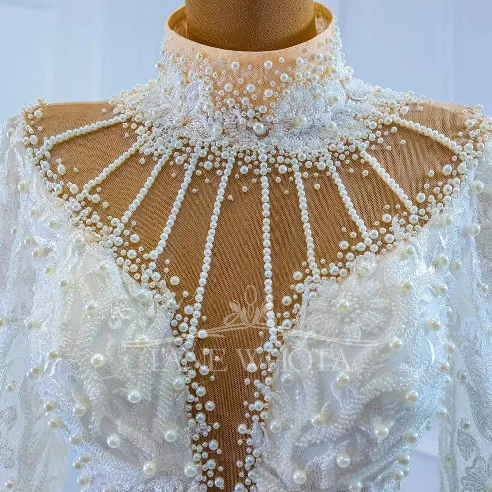 2025 Abito da sposa di lusso a maniche lunghe alte con lacci sul retro Abito da sposa ricamato con perline Abito da sposa personalizzato con strascico a sirena