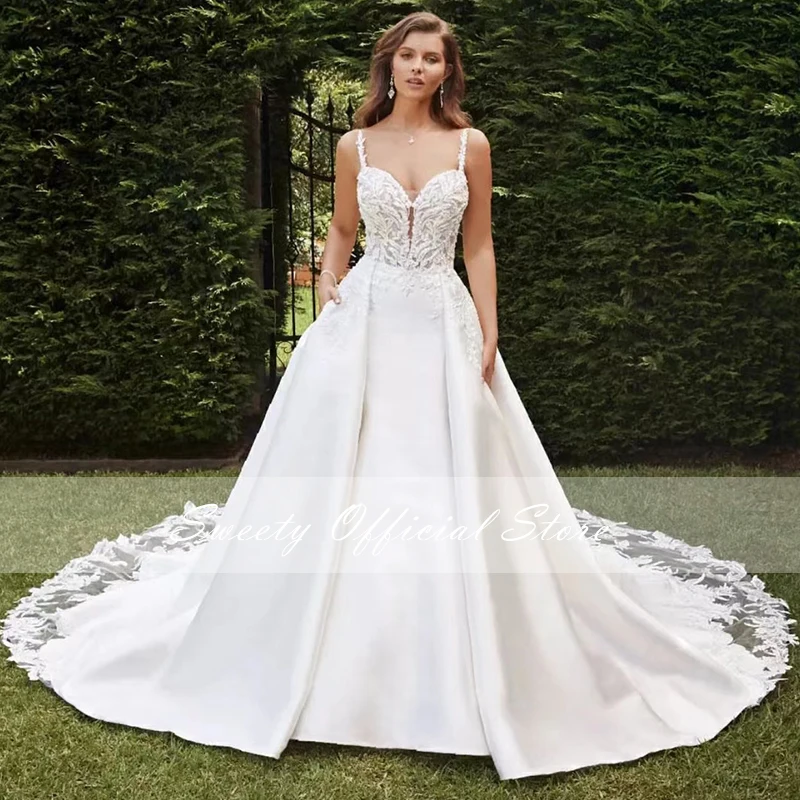 staccabile 2 in 1 abito da sposa a sirena con perline in organza con ricamo a cuore posteriore senza schienale sposa senza maniche Vestido De Novia