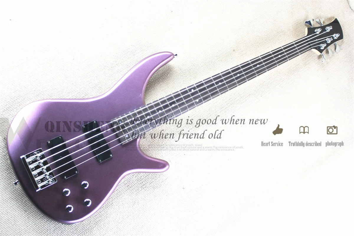 5 String Bass Guitar Metallic Purple Bass Basswood Body Maple Neck 24 Frets Fixed Bridge