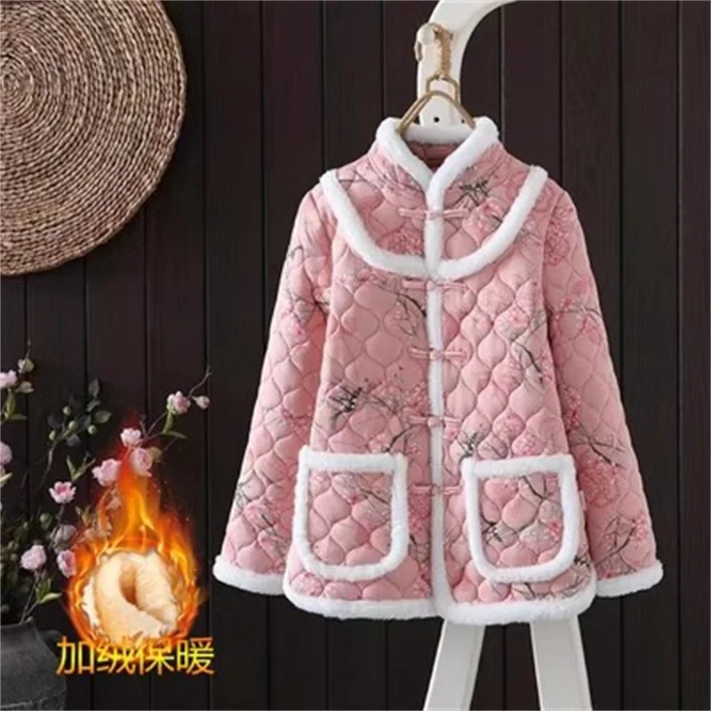 Winter New Retro Chinese Style Padded-Cotton Jacket For Women Large Size With Plush Flower Jacket Mothers Thick Warm Outerwear