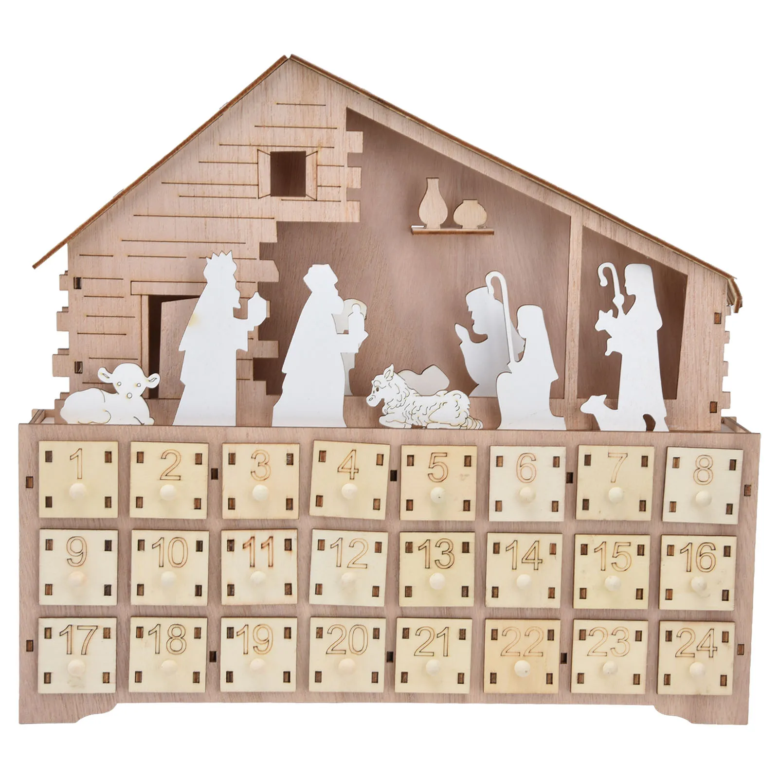 Wooden Christmas LED lights, calendar cabinet, Jesus' birth horse trough decoration, wooden Christmas countdown ornament
