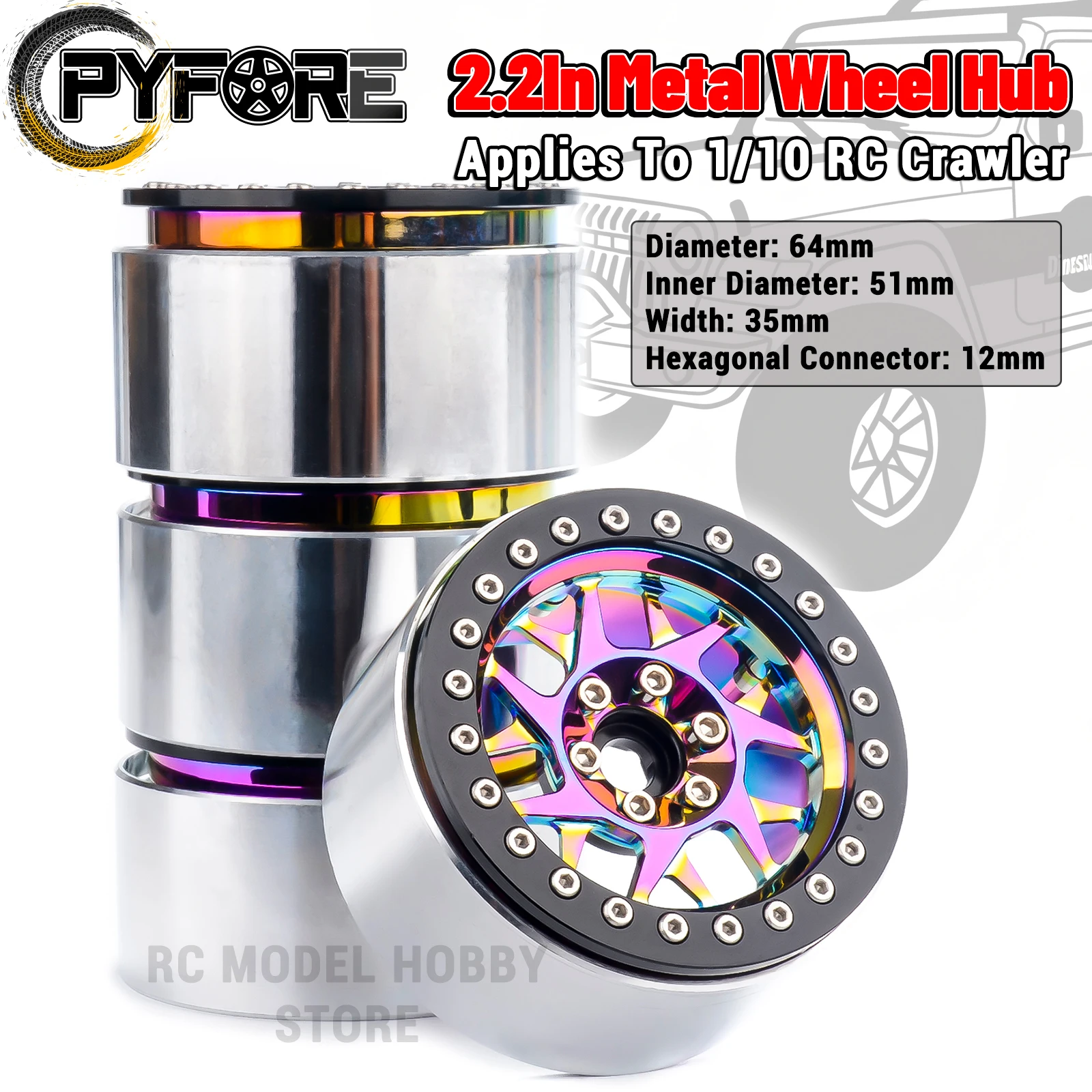 PYFORE 2.2In Climbing Wheel Hub 4PCS Tires 64x35mm 12mm Hexagonal Connector for 1/10 1/8 RC Model Car Crawler Accessories