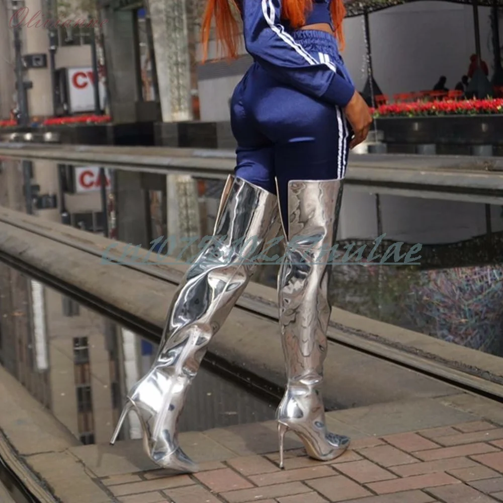 

2026 Sliver Shiny Leather Pointed Toe Over the Knee Boots Back Zipper Stiletto High Heel Sexy Women Shoes Zapatos Para Mujere
