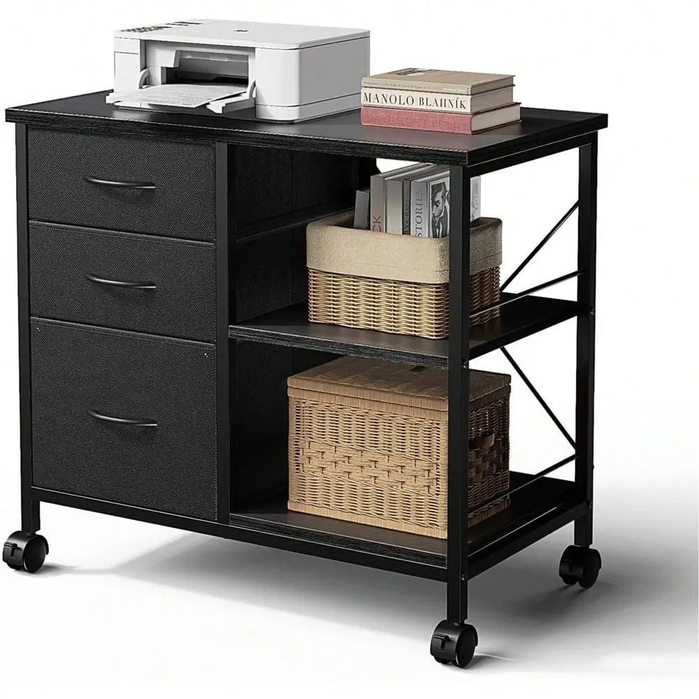 

3Tier Mobile File Cabinet, Printer Stand With Storage, Office Table With Drawers And Back Support Bar, Holds 110lb For Home Off
