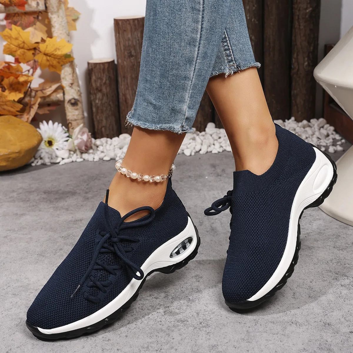 Damskie sneakersy na platformie, buty do biegania z grubą podeszwą i amortyzacją, dzianinowe, siateczkowe, sznurowane buty sportowe, damskie buty do chodzenia.