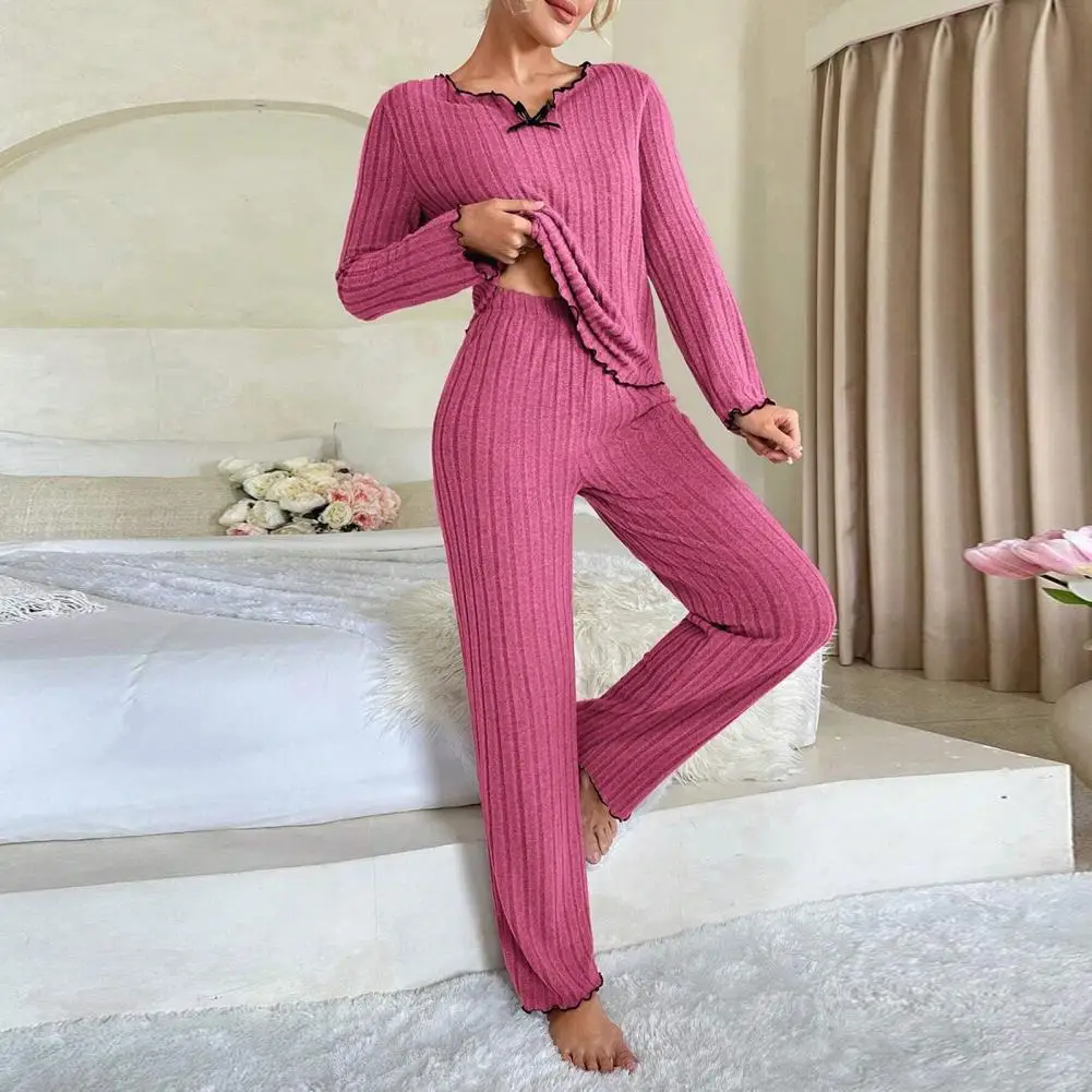 2 Pcs/Set Women Loungewear Outfit Top Pants Suit Long Sleeves V Neck Bow Shirring Decor Top Elastic Waist Thread Pants For Fall