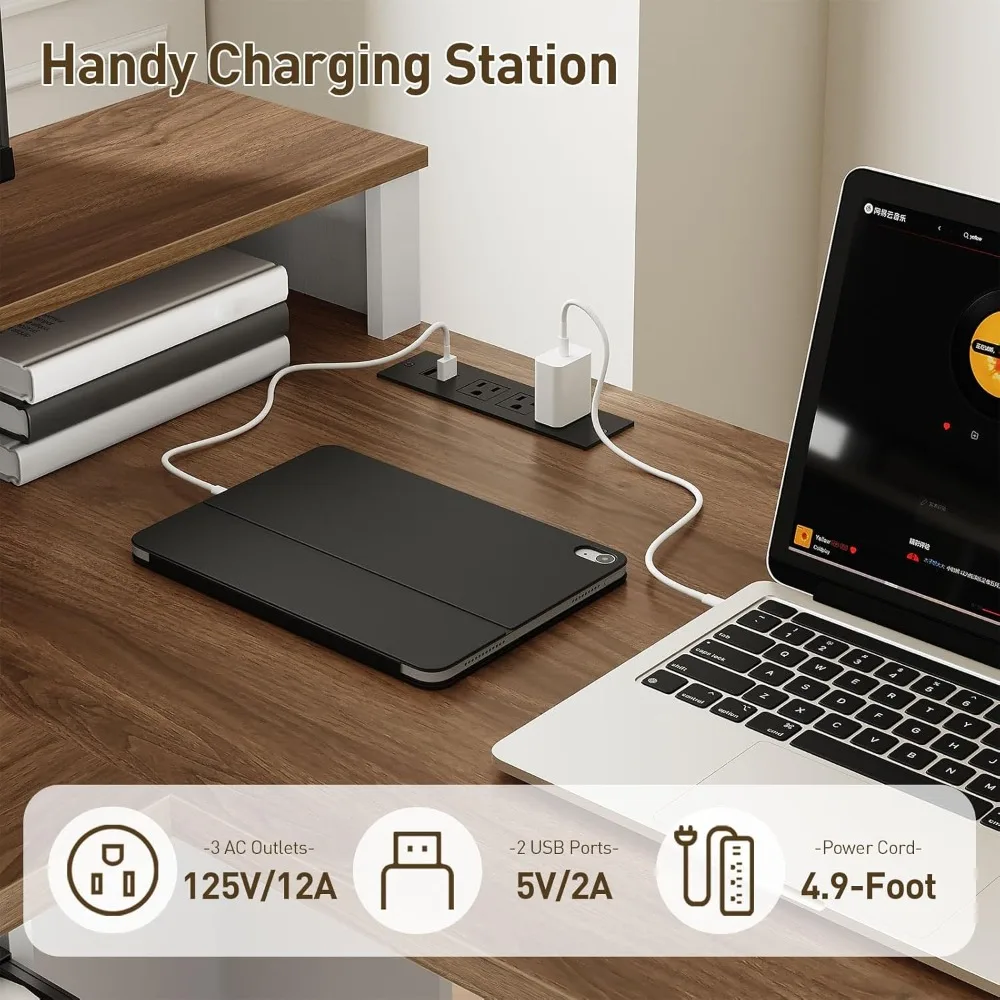 مكتب تنفيذي على شكل حرف L مقاس 69 بوصة مع درج، مكتب منزلي مع محطة شحن، مكتب كمبيوتر زاوية مع حامل شاشة، #6