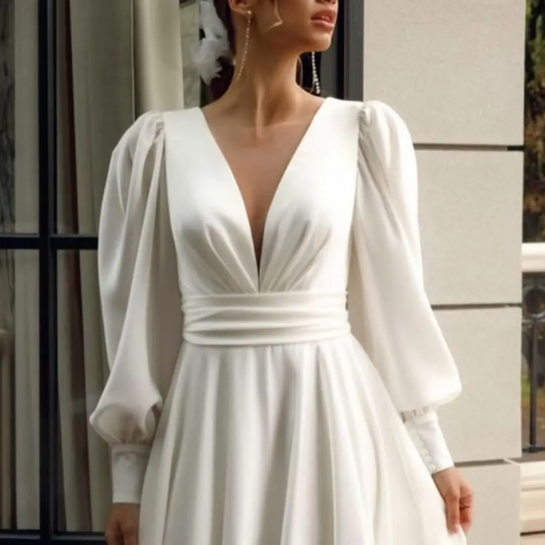 Elegant V-Neck Backless Long Sleeve Trailing Wedding Dress for Wedding Holiday Party Birthday Banquet Prom Dresses