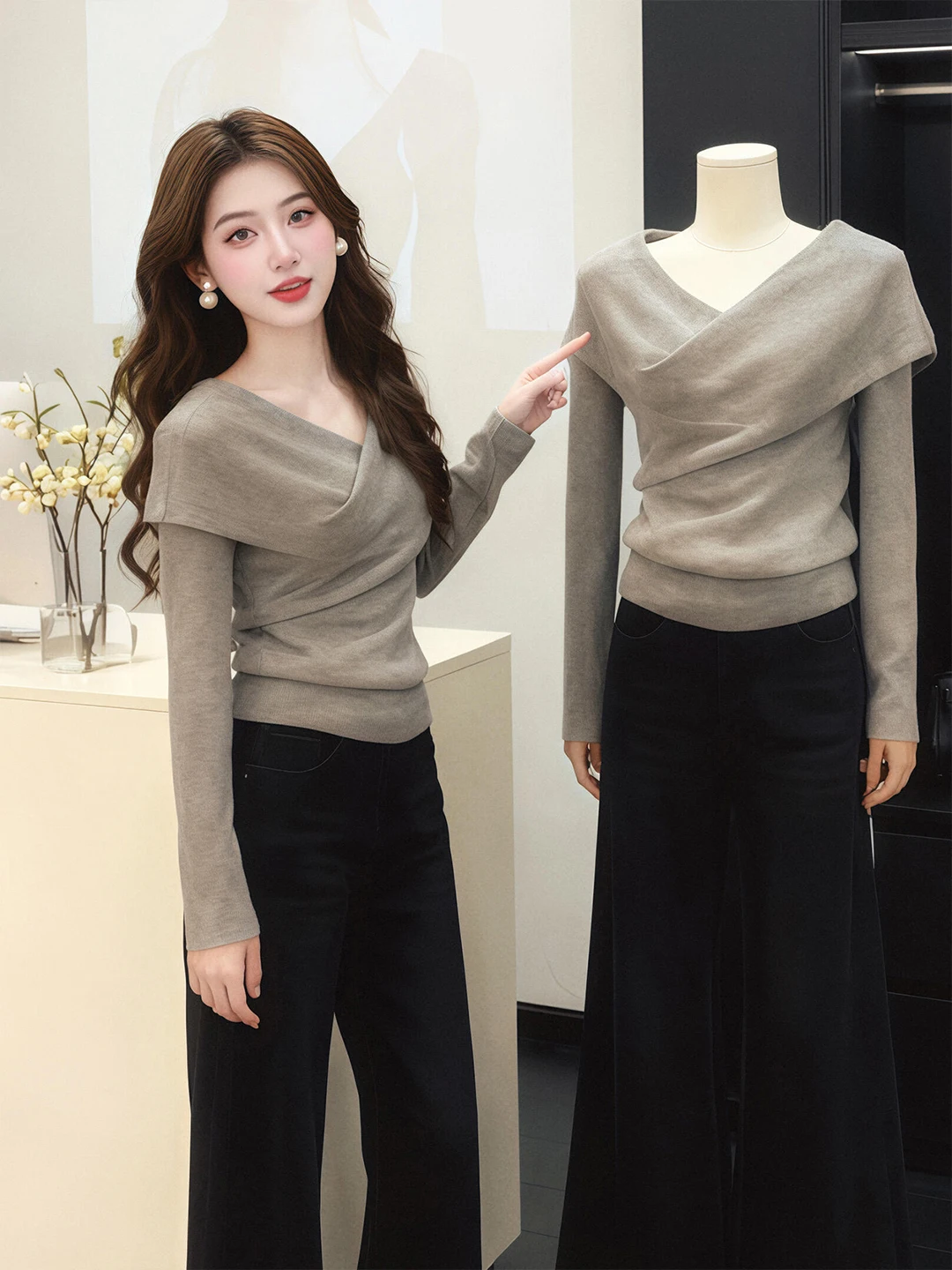 

Женский трикотажный топ с V-образным вырезом и длинными рукавами, осенне-зимняя коллекция, роскошный базовый слой, элегантный укороченный топ