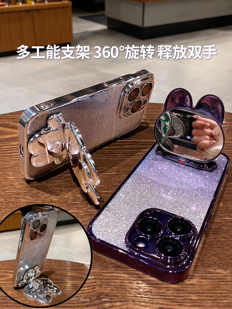 Caso luxuoso do telefone do chapeamento do gradiente do brilho, suporte do coelho dos desenhos animados, tampa de Bling para o iPhone 14, 13, 12, 11 Pro Max, X, Xs, XR, 7, 8 mais, SE2