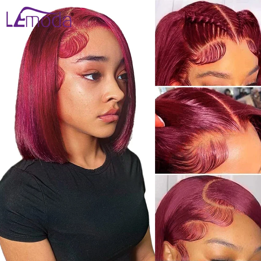 

Burgundy HD Transparent 13x4 Full Lace Frontal Human Hair Wigs 99J Red Straight Bob Wigs For Women Pre Plucked Highlight Wig