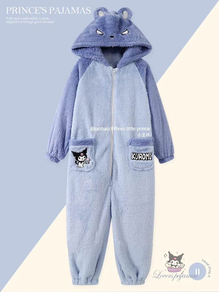 

Kawaii Kuromi Jumpsuit Pajamas Sanrio Hangyodon Onesies Anime Cartoon Autumn Winter Coral Fleece Warm Home Wear Hoody Nightgown