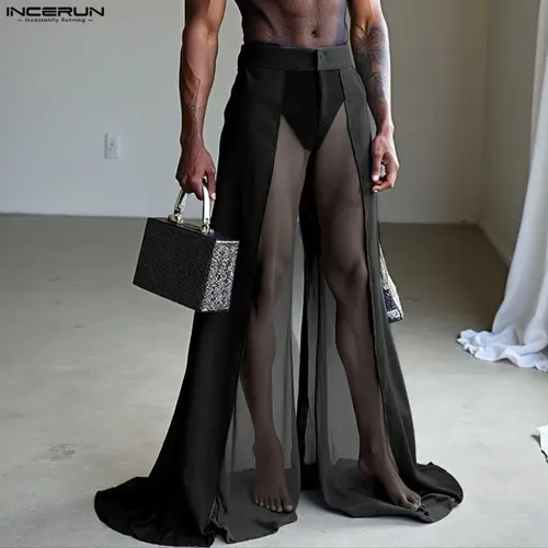 Imagen 2 del producto INCERUN, pantalones para hombre, pantalones de malla con retales, pantalones para correr con botones sueltos transparentes, pantalones de pierna ancha para hombre, ropa de calle sexi, pantalones de moda para hombre S-5XL