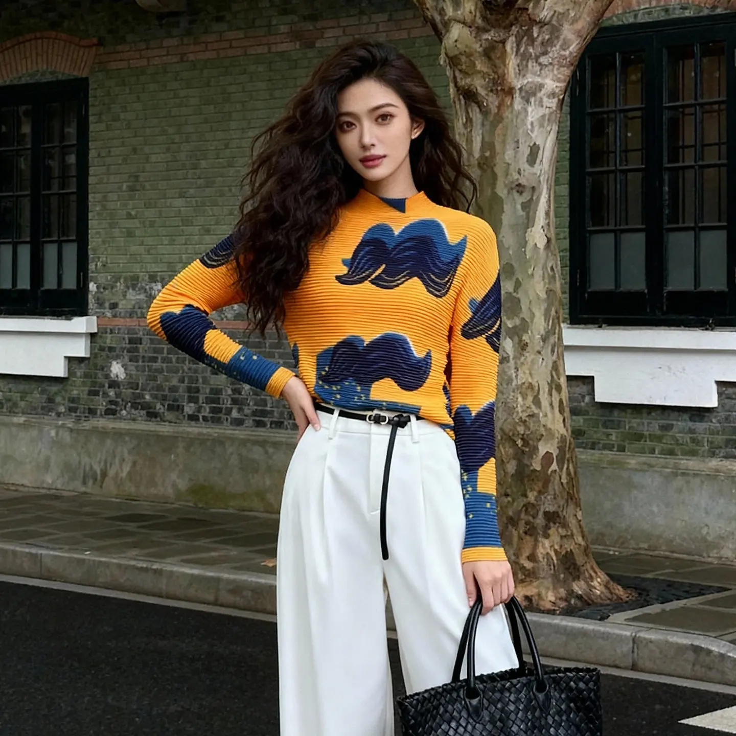 

Miyake High-End Women's Printting Pleated T-shirt High Elastic Slim Fit Elegant Stylish Long Sleeves Pullover Tops