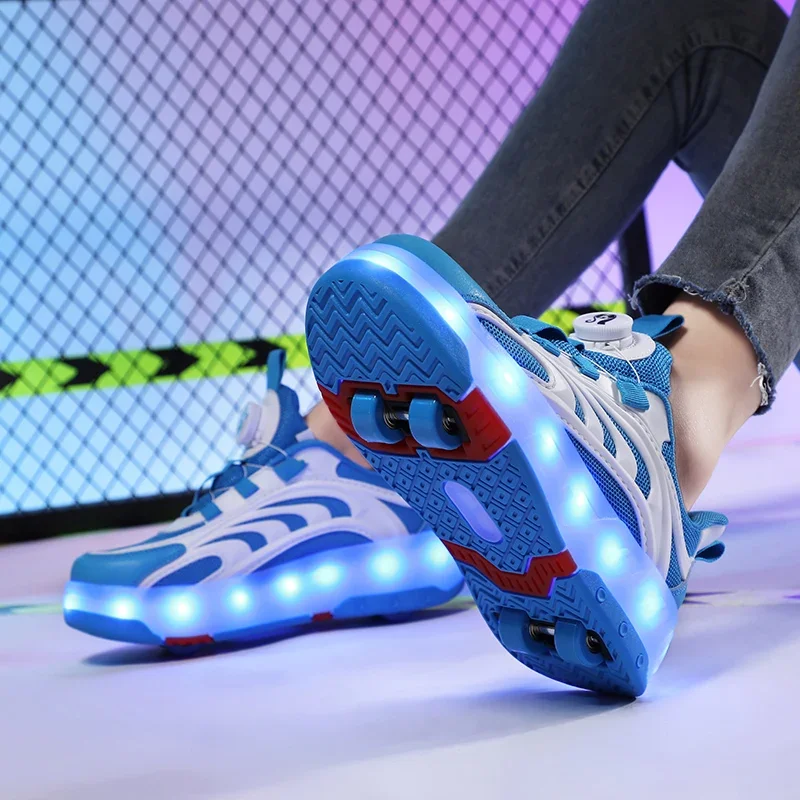 

New Kids Wheels Roller Skate Shoes Boys Girls Swivel Buckle LED Light Luminous rechargeable Outdoor Children's Casual Sneakers