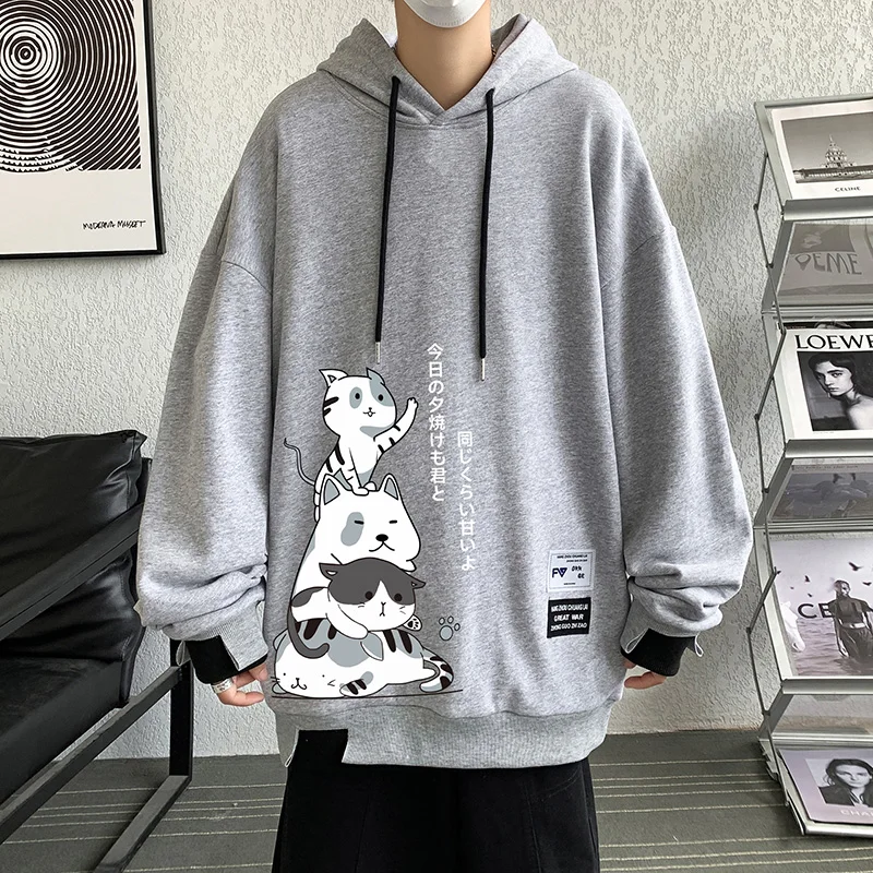 New Men\'s Cartoonl Anime Cat Sweatshirt Foam Print Couple Hoodie Long Sleeve Loose Japanese Harajuku Street Boy Pullover Sweater