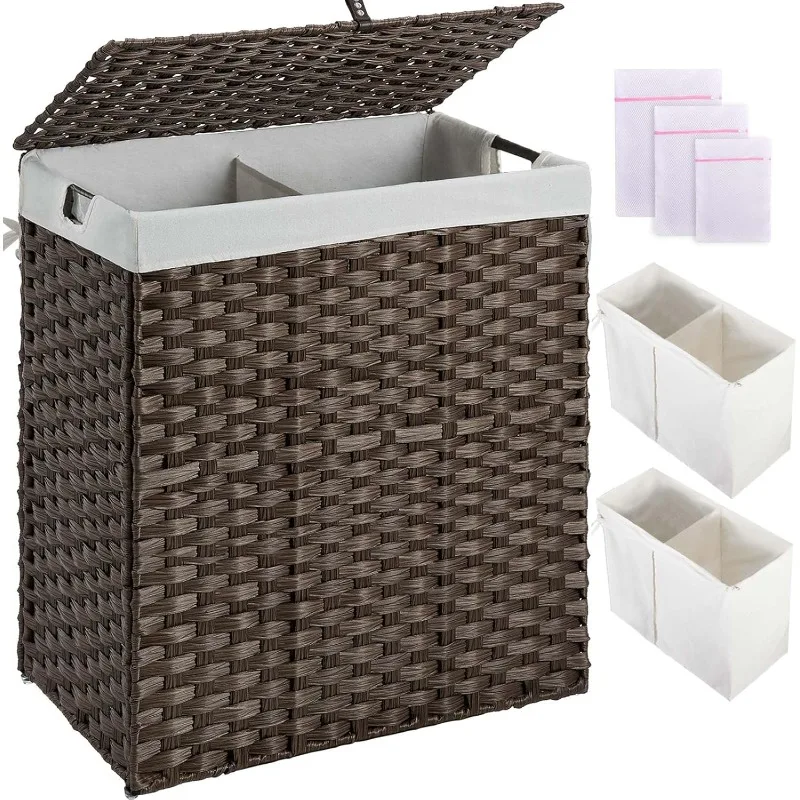 Laundry Hamper with lid, No Install Needed, 110L Wicker Laundry Baskets Foldable 2 Removable Liner Bags