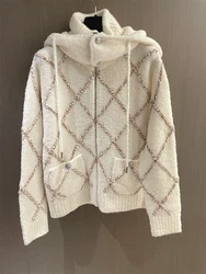 High-End Diamond Grid Fragrance Style Knitted Sweater Women's Spring Autumn Design Hat Twist Loose Outerwear Polyester Fiber