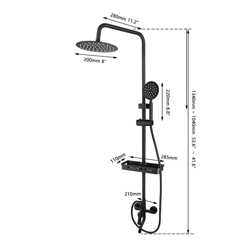 OUBONI Matte Black Bathroom Shower Systerm Rainfall Shower Faucets Set Lever Bathtub Shower Mixer Faucet W/ Storage Shelf