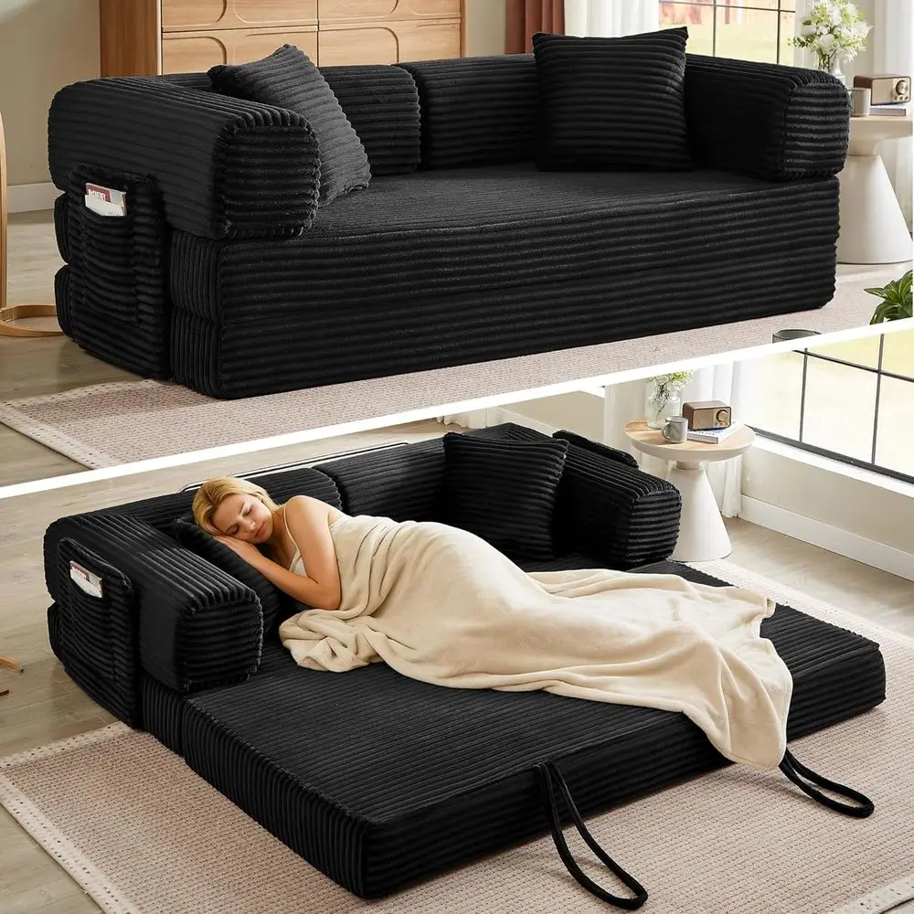 

Modern Living Room Sleeper Sofa with Pull-Out Couch and Oversized Corduroy Upholstery in Black