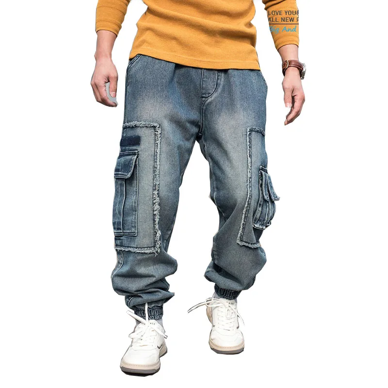 

Mcikkny Men Cargo Loose Casual Harem Jeans Trousers Multi Pockets Skateboard Straight Denim Pants For Male Plus Size M-6XL