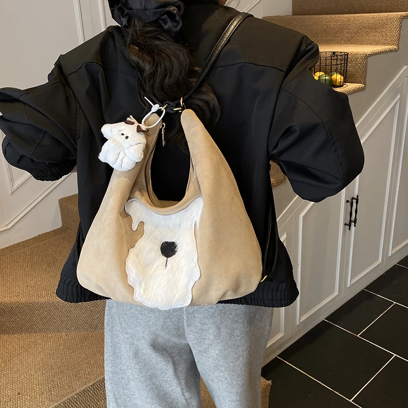 Herbst & Winter Damen Multifunktionale Umhängetasche Niedliche flauschige weiße Hundegesichtshandtasche Täglicher Gebrauch Seitentasche für Damen Rucksack