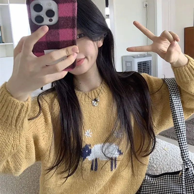 Sweet Knitted Sweaters Y2k Korean Kawaii Cartoon Sheep Sueter Mujer Women Pullovers Preppy Style Long Sleeve