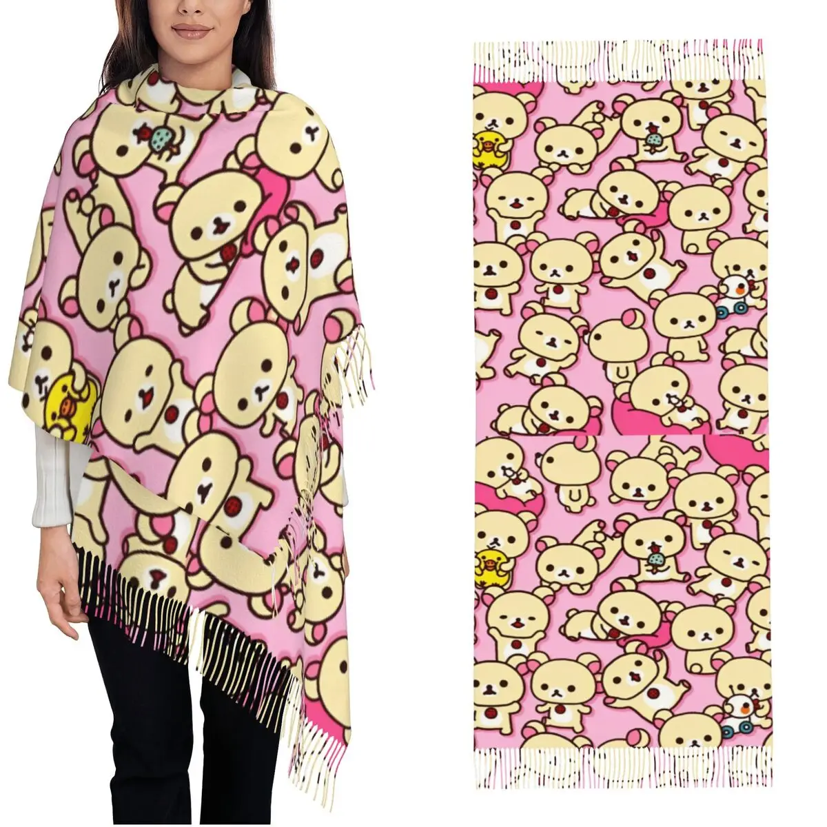 

Розовый шарф с узором Rilakkumas для женщин, осенне-зимняя шаль из пашмины, большие шарфы с рисунком из мультфильма и кисточкой, повседневная одежда