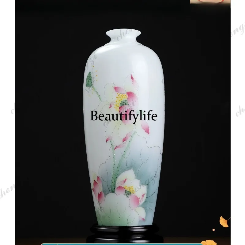 Ice Jade Porcelain Ceramic Hand-painted Lotus Vase Ornament Chinese Bogu Rack Decoration Housewarming Gifts