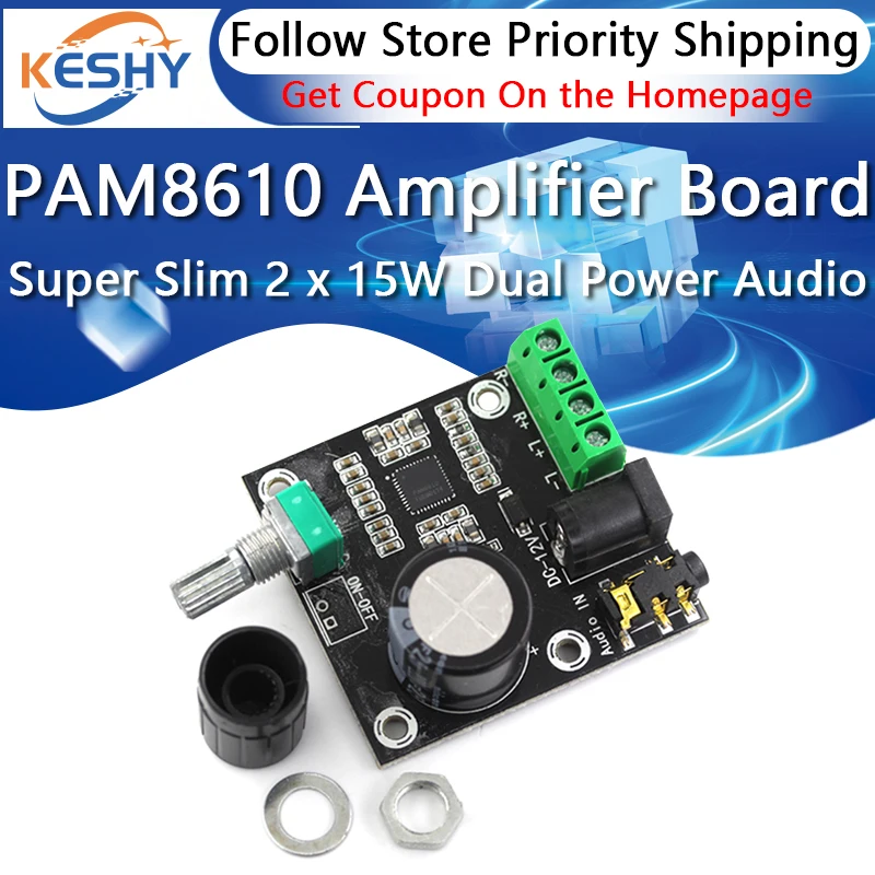 Super Slim 2 x 15W PAM8610 Class D Digital Dual Power Audio Amplifier Board 12V black