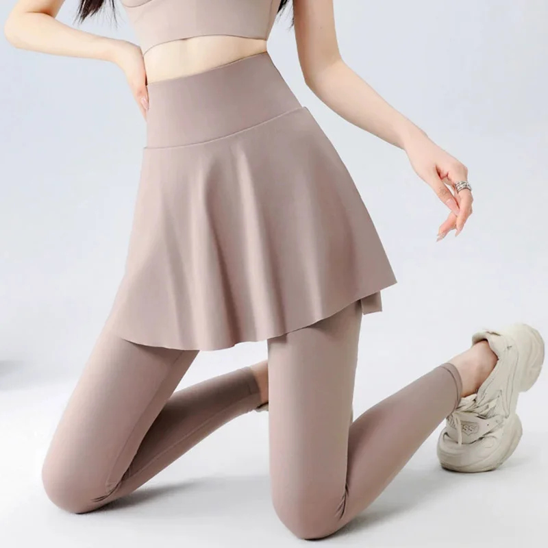 

Новые женские леггинсы для йоги с высокой талией 2026 года: эластичные, для бега, фитнеса, велоспорта, модные, имитация двух частей — юбка и брюки