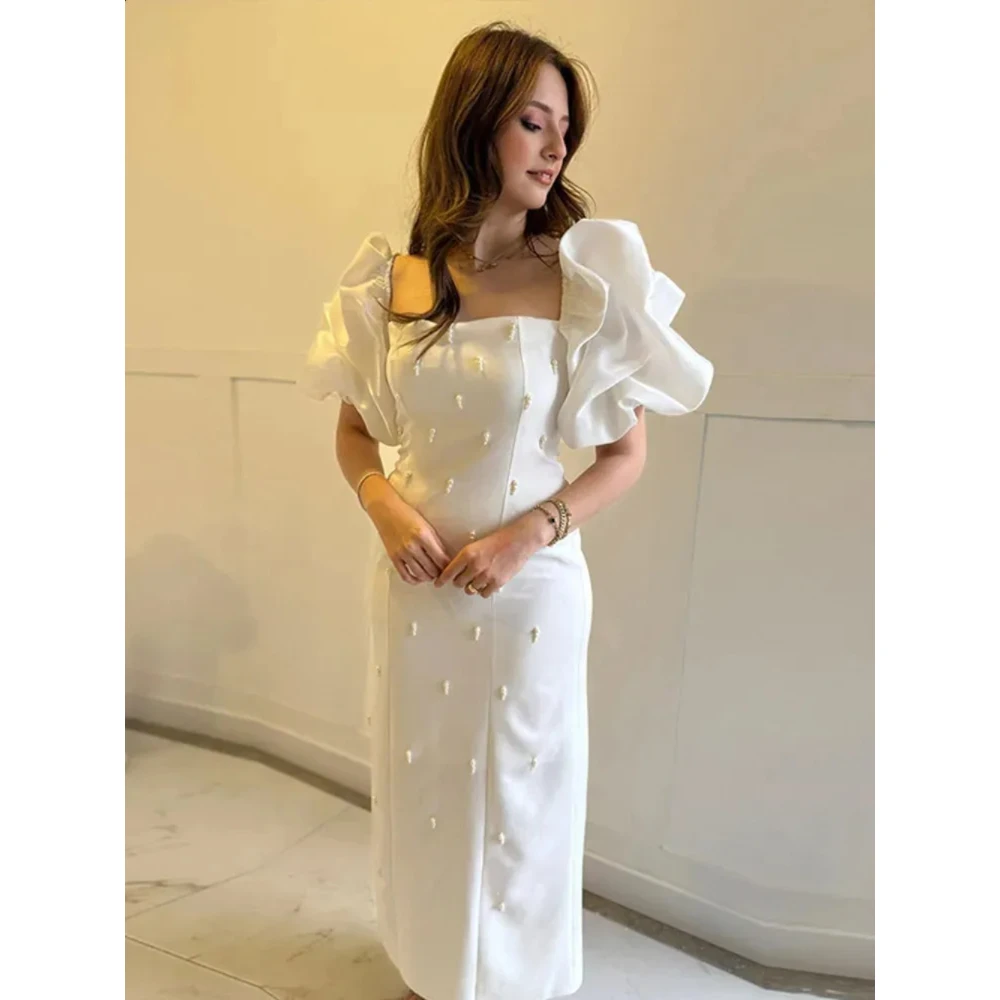 Customized Square Neck Bubble Sleeve Pearl Pearl Satin Wedding Dresses 2026 Slim Fit Mermaid Bridal Gown Simple Elegant Style