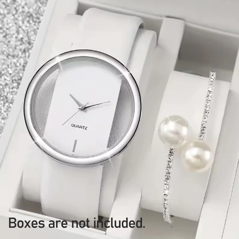 

2 шт., комплект белых женских часов, модный простой циферблат-указатель, кварцевые часы, браслет, комплект ювелирных изделий, идеальный подарок для нее (без коробки)