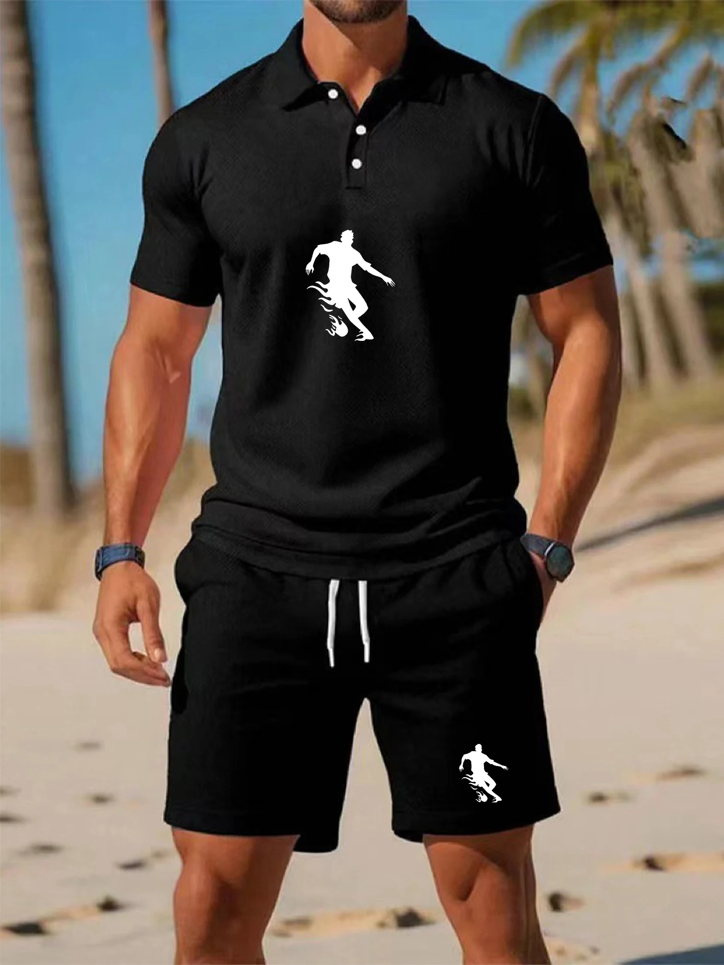 

Men's Loose Fit Polo & Shorts Set, Breathable Sweat-Wicking Fabric, Stylish Graphic Print, Comfortable Versatile Outfit Ideal f