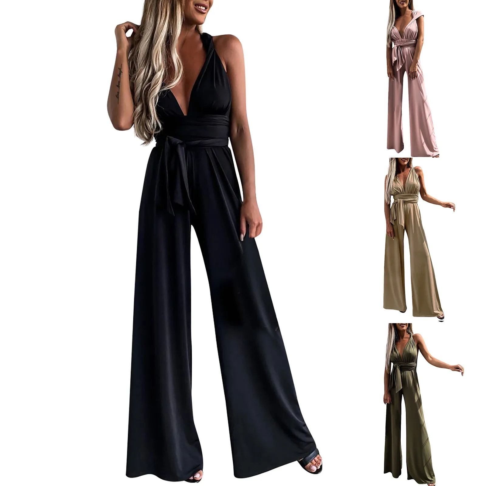 Women'S Cold Shoulders Jumpsuit Cross Open Back Solid  Pocket Jumpsuit Street Daily Vacation Elegant Trend Strap Waist Rompers