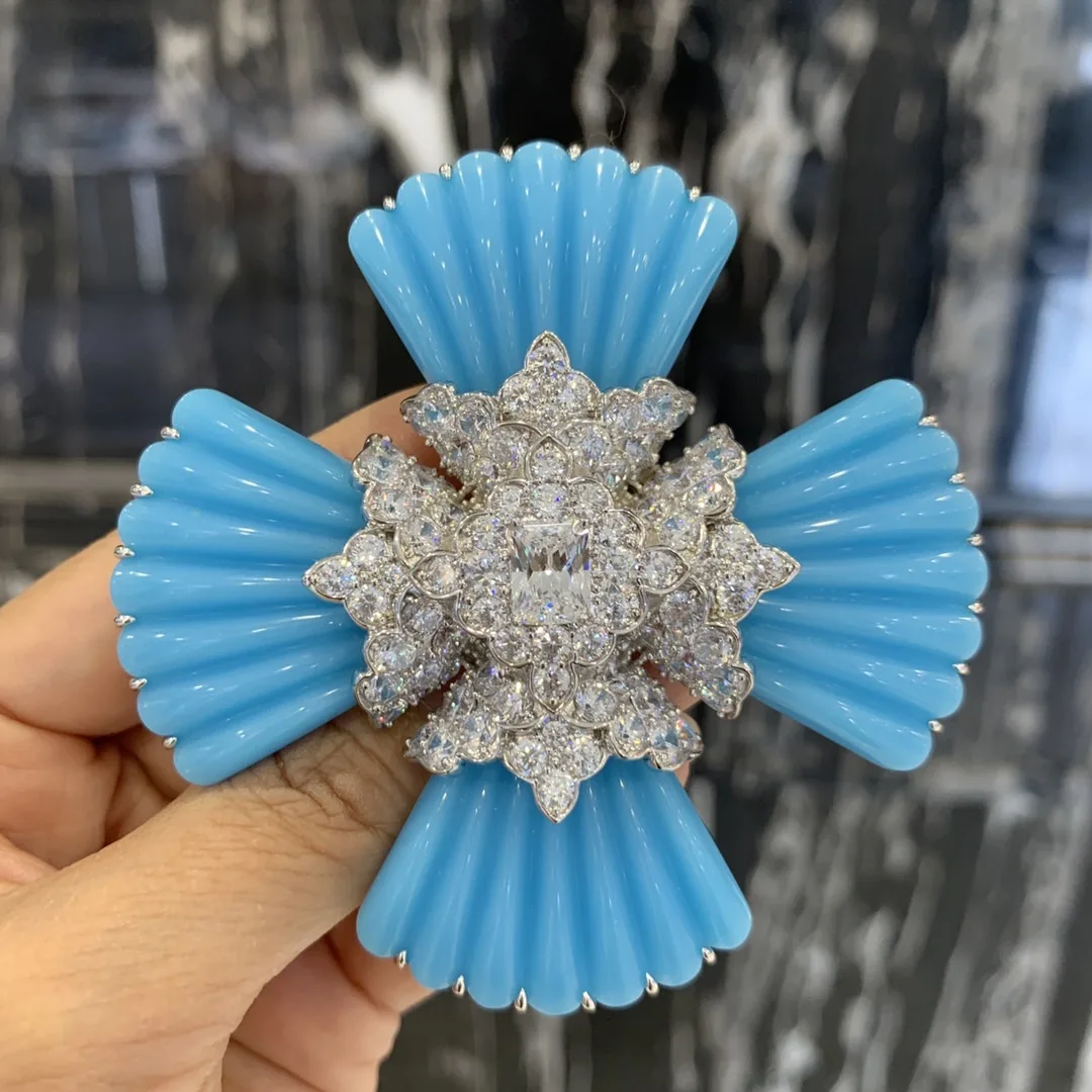 

blue clor cross flower brooch 925 sterling silver with cubic zircon fine women jewelry luxury free shipping unique style