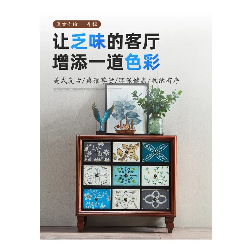 American Style Three Tier Solid Wood Cabinet Retro Painted Walnut Drawer Storage Unit for Living Room Entrance Hallway
