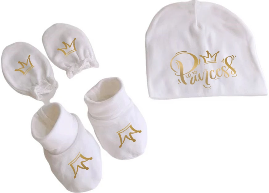 newborn baby hat set photography props cotton beanie with gloves foot covers letter princess prince crown