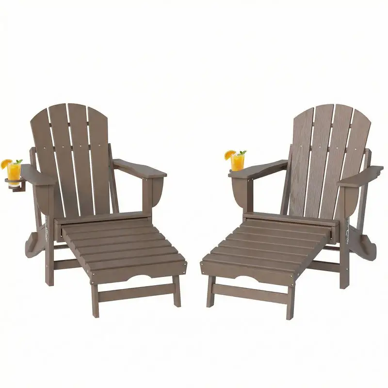 

Folding Adirondack Chair Set of 2, HDPE Fire Pit Chair with Retractable Ottoman and Cup Holder, Brown